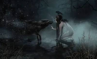 Обои на рабочий стол Фэнтези арт девушки с волком в ночном лесу, автор the  company of wolves, обои для рабочего стола, скачать обои, обои бесплатно