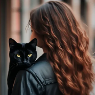 Девушка со спины с чёрной кошкой» — создано в Шедевруме