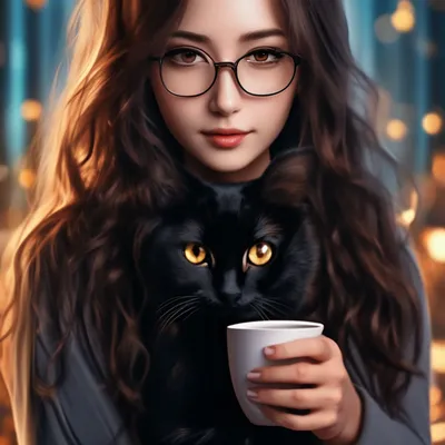 Девушка с черной кошкой, держит …» — создано в Шедевруме