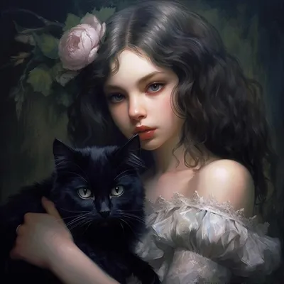 Девушка с черной кошкой и цветком в руке | Премиум Фото