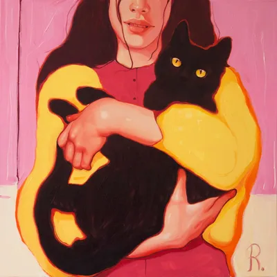 Картина, живопись Девушка и черная кошка (The girl with black cat) – Полина  Раскольникова, 50 x 50 см, №13875 – Купить на Bizar