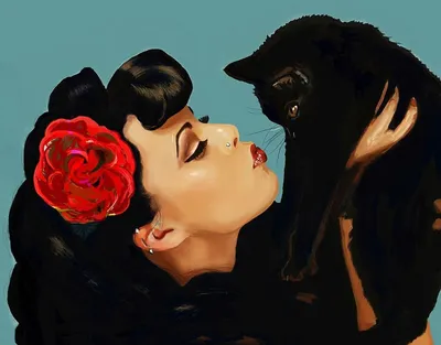 Оригинал схемы вышивки «девушка и черная кошка» (№147492) - Вышивка крестом