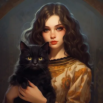 Девушка с черной кошкой на руках | Премиум Фото