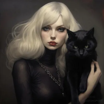 Картина женщины с черной кошкой и черной кошкой. | Премиум Фото
