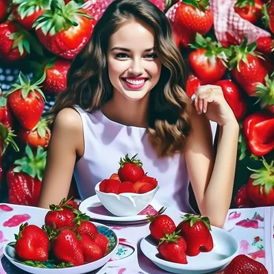 Обои на рабочий стол Девушка прикусывает сочную ягоду клубники своими  ярко-красными накрашенными губами, обои для рабочего стола, скачать обои,  обои бесплатно