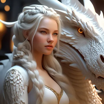 Белый красивый дракон и девушка …» — создано в Шедевруме