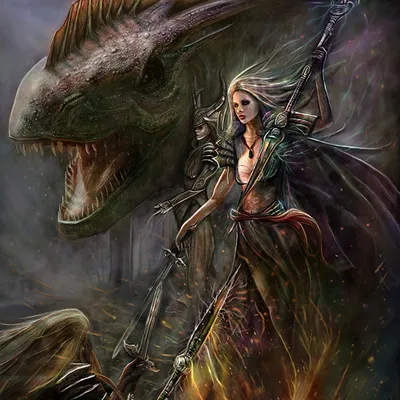 Фотография дракон с копьем Воители Фэнтези девушка