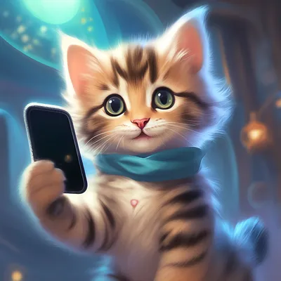 Котенок держит телефон от первого …» — создано в Шедевруме