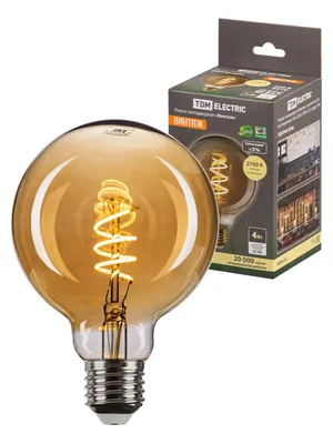 Купить: Лампа светодиодная «Винтаж» золотистая G95 (со спиралью), 4 Вт, 230  В, 2700 К, E27 (шар) TDM SQ0340-0346 - на tdm-elektro.ru