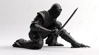 черная фигурка ниндзя в позе на коленях на белом фоне, 3d ниндзя с мечом в  агрессивной позе, Hd фотография фото фон картинки и Фото для бесплатной  загрузки
