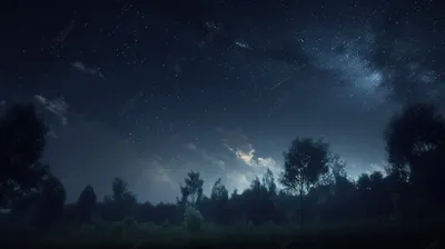 темное ночное небо со звездами и огнями над деревьями, картина ночного неба,  ночь, ночное небо фон картинки и Фото для бесплатной загрузки