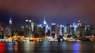 Скачать обои отражение, река, здания, Нью-Йорк, ночной город, Манхэттен,  Manhattan, New York City, раздел город в разрешении 1920x1080
