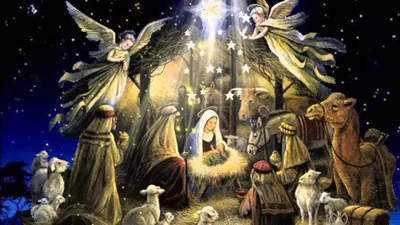 Иисус в Рождестве с младенцем вокруг них, картина рождения Христа, Христос,  рождение фон картинки и Фото для бесплатной загрузки