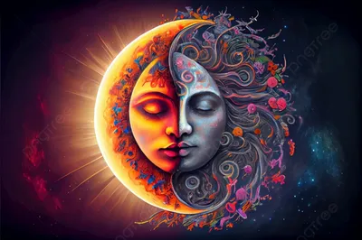 Мистический рисунок: стилизованное солнце и луна с человеческим лицом, днем  и ночью Символ Зена Иллюстрация вектора - иллюстрации насчитывающей  конструкция, эмблема: 159067647