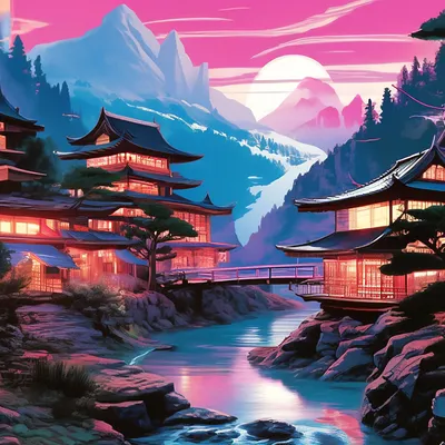 Горы, дома в японском стиле, ручей» — создано в Шедевруме