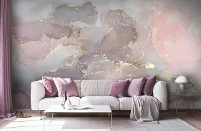 Гостиная в пастельных тонах со светло-розовым диваном Mons и голубой стеной  | SKDESIGN