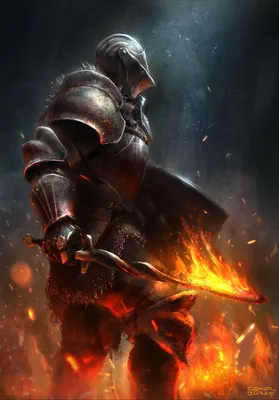 Воин в мощных доспехах со скрученным горящим мечом в руке | Картинка на аву