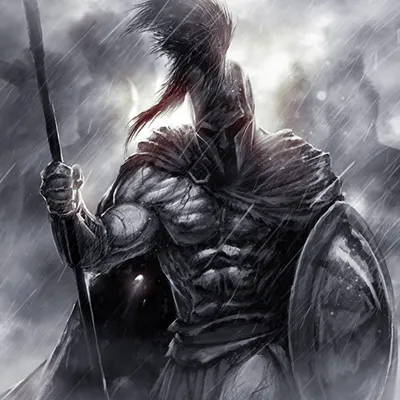 Оборотень-воин стоит на поле боя, оперившись на меч | Картинка на аву