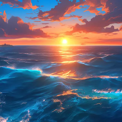 Закат солнца на морских волнах …» — создано в Шедевруме