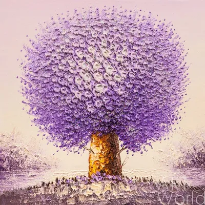 Картина Дерево с белыми цветами абстракция и 3D №38481 на холсте под заказ