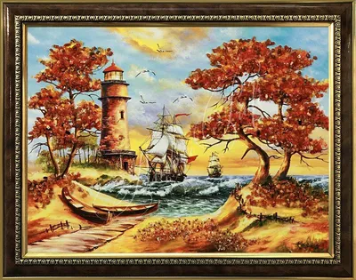 Купить картина из янтаря \"парусник и лодки\"