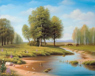 Летний пейзаж с речкой — картина маслом на холсте. JPEG