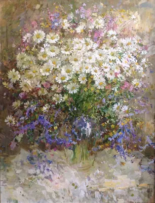 Натюрморт маслом \"Летний букет. Ромашки и васильки\" 60x60 AV220615 купить в  Москве