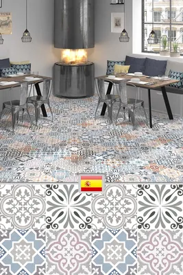 Керамическая плитка на пол, ретро стиль пэчворк, голубая, серая, Испания