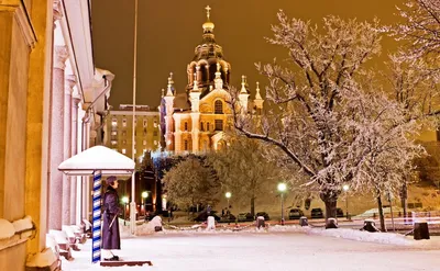 Фотография Хельсинки Финляндия Зима Улица снеге Дома Города