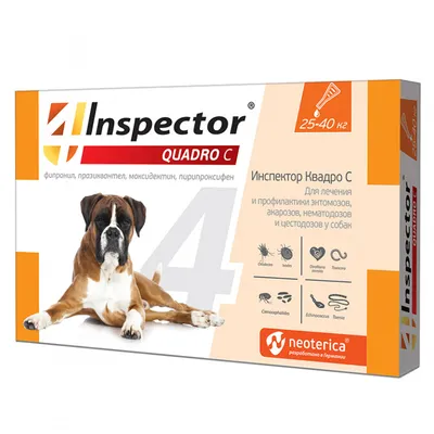 Inspector (Инспектор) Quadro, капли на холку для собак 40-60 кг, 1 пипетка  - Купить с Доставкой по Москве