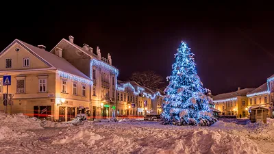 Картинка Хорватия Зима Снег в ночи Уличные фонари Дома Города