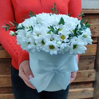Купить Букет в шляпной коробке из разноцветных хризантем в Москве недорого  с доставкой