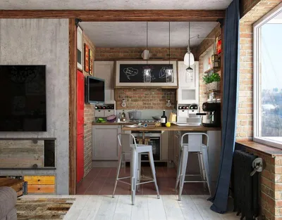 Интерьер в стиле лофт | Дизайн квартиры в стиле лофт - фото кухни,  гостиной, ванны, прихожей