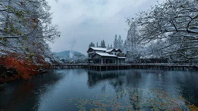 Обои для рабочего стола Китай Hangzhou Зима Снег Парки Озеро Дома