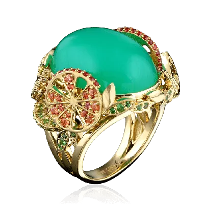 Коктейльное кольцо с цветными камнями и бриллиантами в желтом золоте 750  пробы (арт. 28024, код 8616) - купить с доставкой в Москве