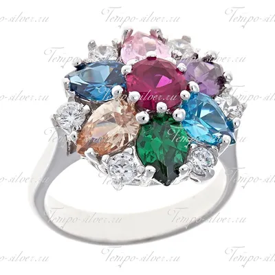 Кольцо серебряное в форме цветка с разноцветными камнями в форме капли –  купить в интернет-магазине «Темпо»