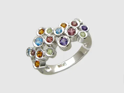 Кольцо с цветными камнями в круглых оправах (аметист, гранат, топаз,  хризолит, цитрин), белое золото