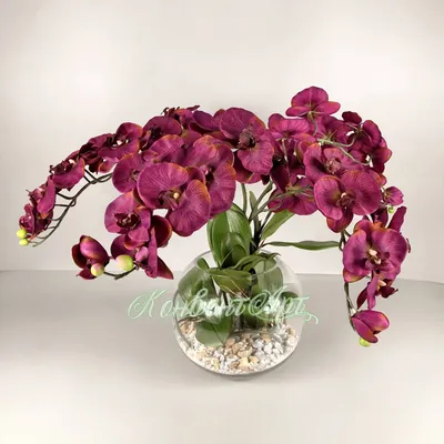 Объемная композиция в сумочке с белой гортензией и орхидеями