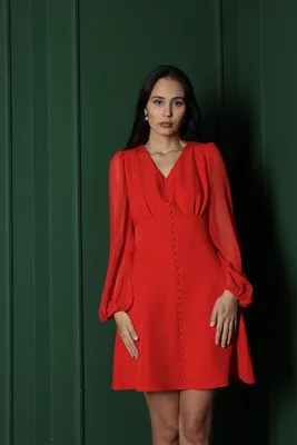 Купить Платье мини с полупрозрачным рукавом (Красное) в Екатеринбурге в  ШоуРуме платьев по выгодной цене