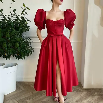 UZN темно-красное ТРАПЕЦИЕВИДНОЕ короткое платье для выпускного вечера  сексуальные вечерние платья с высоким разрезом пышные короткие рукава с  молнией сзади Вечерние платья | AliExpress