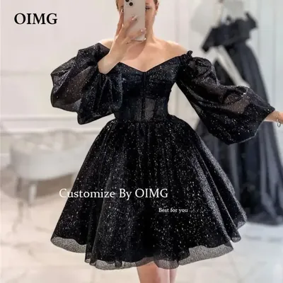 Блестящие черные короткие вечерние платья OIMG для выпускного вечера с  открытыми плечами и длинными рукавами-фонариками вечерние платья принцессы  официальное выпускное платье | AliExpress