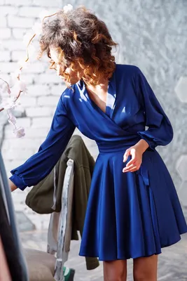Бархатное синее платье мини длины - 1550 - JK-Fashion
