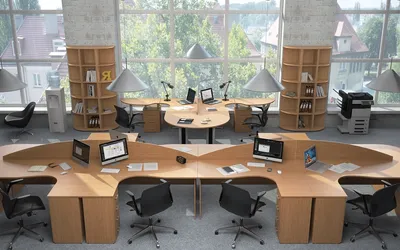 Расстановка - офисная мебель СМАРТ под заказ - небольшие прямые столы,  угловой стол, шкафы 6 полок. Бежевые стены пол коричневый.