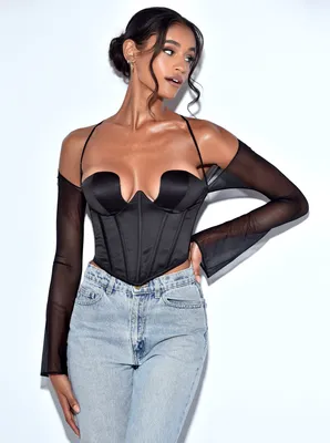 Pixie Black Mesh Sleeve Halter Corset Satin Top – Miss Circle