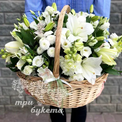 Ритуальная корзина из живых цветов \"Белые розы - хризантемы - лизиантусы\"–  купить в интернет-магазине, цена, заказ online
