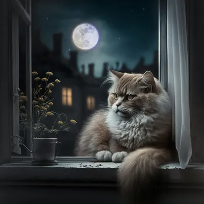 Картинка с кошкой, отраженной в луне