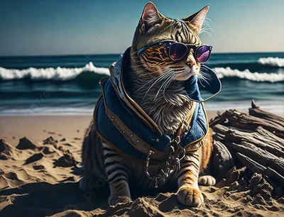 Удивительная кошка на пляже: картинка для скачивания в png