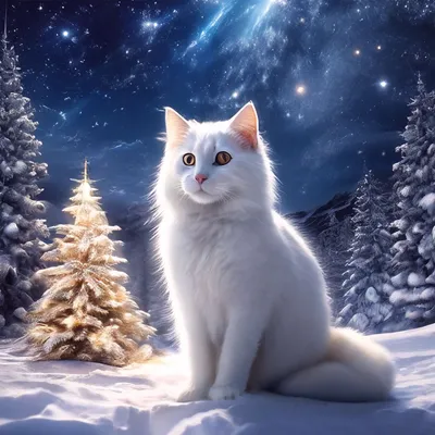 Белая снежная кошка, зима, новый …» — создано в Шедевруме