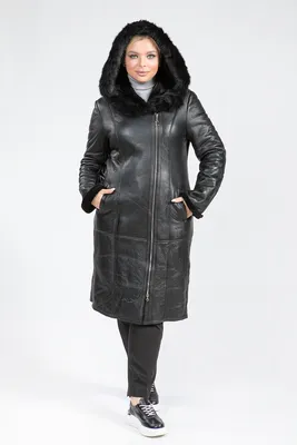 Удлиненная кожаная куртка больших размеров на кулиске, DMPB7004, цена 27500  руб.: купить кожаные с мехом в интернет-магазине