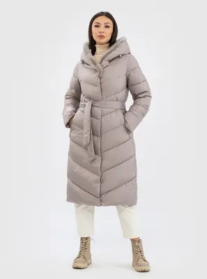 Женское стеганое зимнее пальто с меховым воротником бежевый